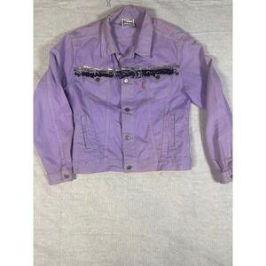 Rag Union Womens Denim Jacket Lavender‎ Distressed Embellished Angels Button Up